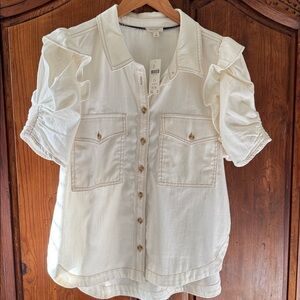 NWT ANTHROPOLOGIE OZZIE White Puff Ruffle-Sleeve Buttondown Shirt Size LP